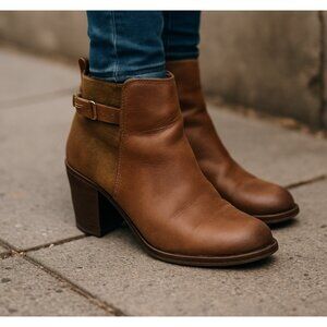 Sperry Ambrose Womens 8.5M Brown Olive Leather Ankle Boots Chunky Heel Buckle